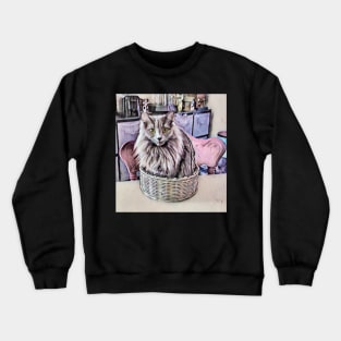 Grey Green Eyed Cat In Basket Crewneck Sweatshirt